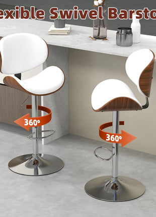 Set of 2 Adjustable Modern Swivel Bar Stools with Bentwood Seat and Back in White PU Leather, Perfect for Kitchen Counters and Dining Areas