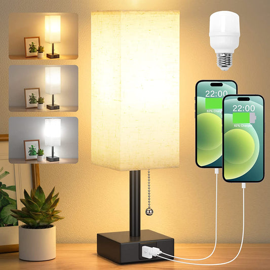 Bedside Table Lamp with 3 Color Temperatures - 3000/4000/5000K Small Lamp with USB C+A Ports, Nightstand Lamp with 3 Color Modes by Pull Chain, Bedroom Lamp for Living Read Work(Led Bulb Included)