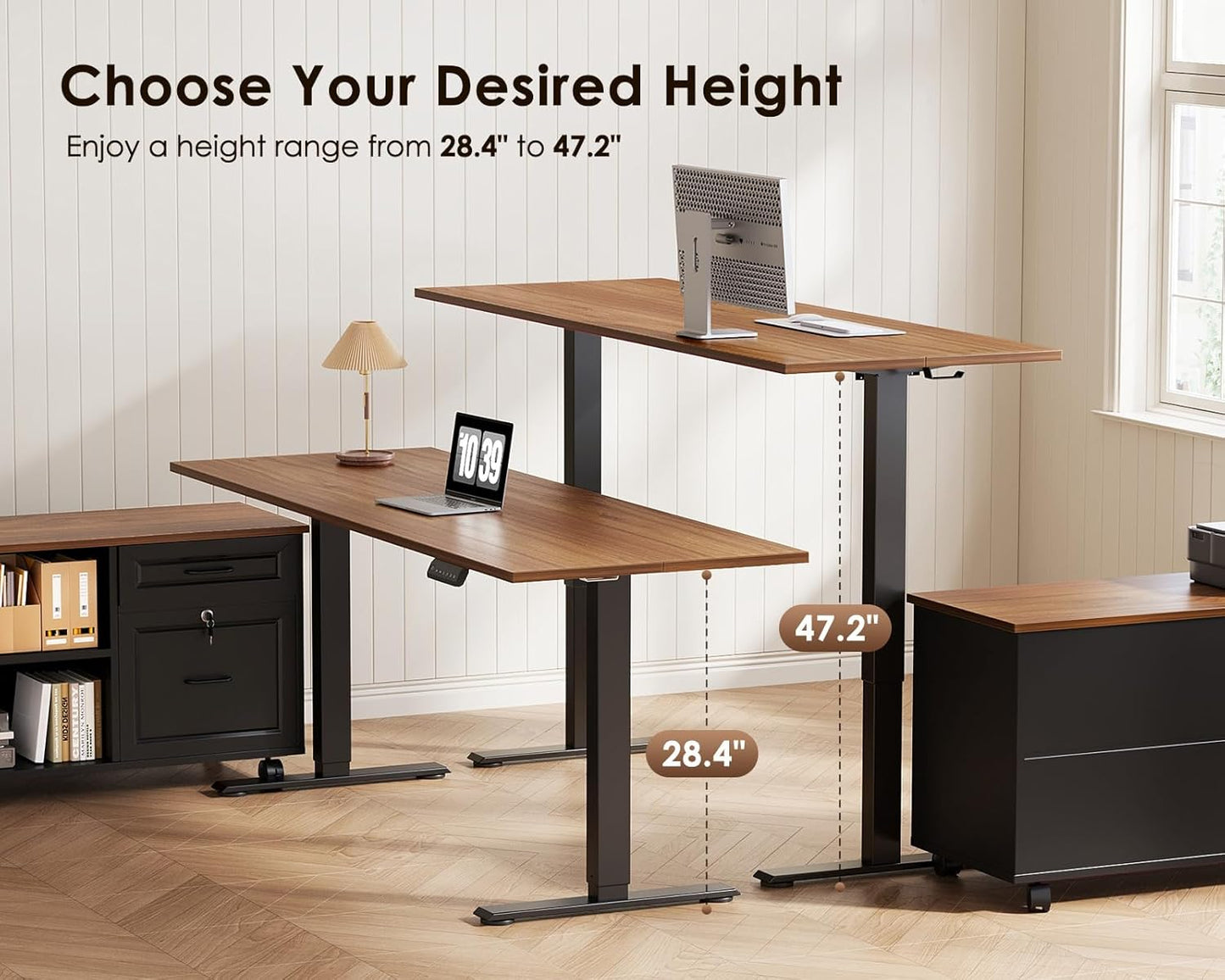 55 Inch L Shaped Electric Standing Desk with Drawers & File Cabinet Sets, Executive Sit Stand Desk, Height Adjustable Computer Desk for Home Office, Writing, Workstation, Walnut+Black