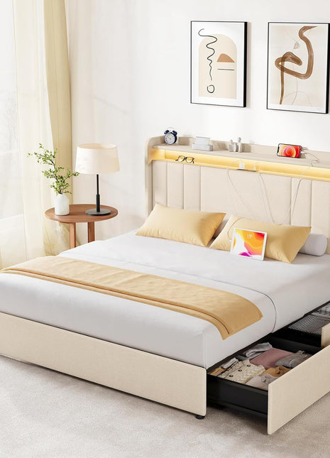 Queen Size Upholstered Bed Frame with Storage Headboard, Four Dustproof Drawers, 51'' Tall LED Platform Design, Adjustable Headboard, USB/Type-C Charging, and Side Storage in Off White