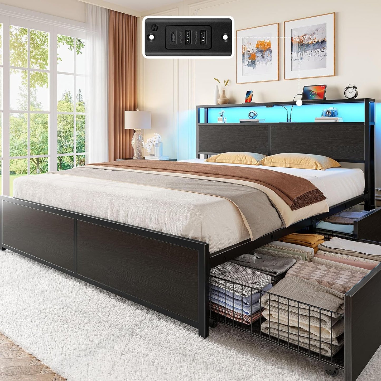 Full Size Bed Frame with 4 Storage Drawers, Charging Station and LED Lights, Metal Platform Bed with 2-Tier Storage Headboard, No Box Spring Needed, Easy Assembly, Noise-Free, Black