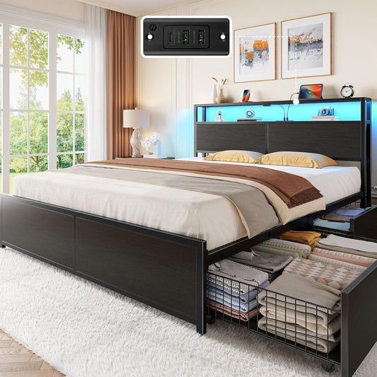 Full Size Bed Frame with 4 Storage Drawers, Charging Station and LED Lights, Metal Platform Bed with 2-Tier Storage Headboard, No Box Spring Needed, Easy Assembly, Noise-Free, Black