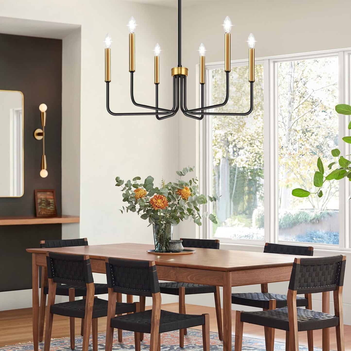 Black and Gold Chandelier, 6-Light Farmhouse Chandelier for Dining Room Lighting Fixtures Hanging, Dining Light Fixtures Industrial Modern Light Fixture for Bedroom, Foyer, Living Room and Entryway