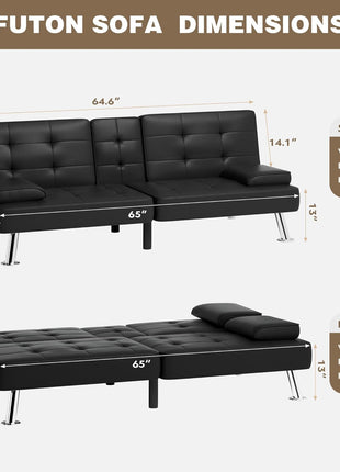 Leather Futon Sofa Bed with Removable Armrests and Adjustable Recliner, Dual Cup Holders - Ideal for Living Room, Apartment, or Office (Black) 30.7" x 65" x 28