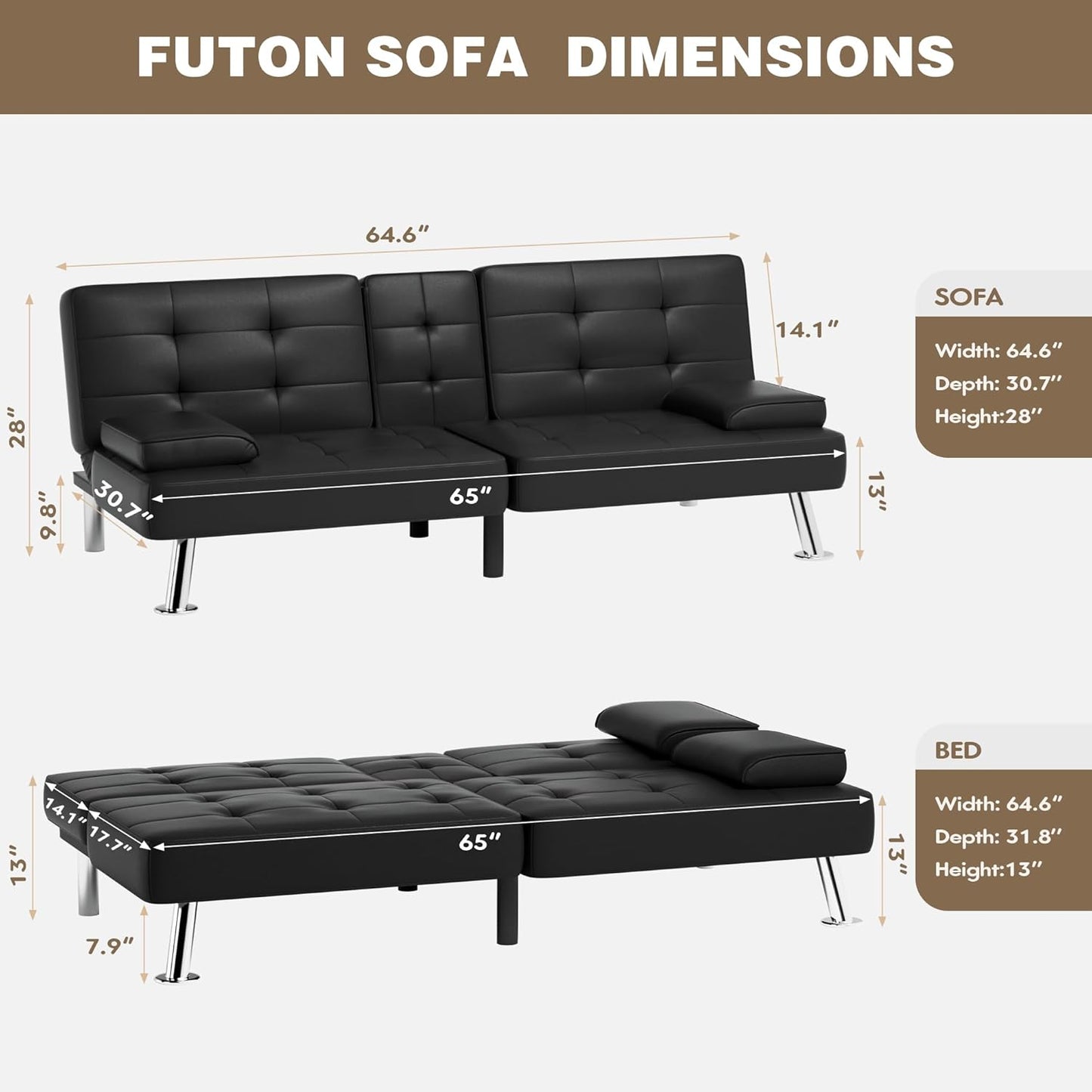 Futon Sofa Bed, Leather Futon Couch with Removable Armrests, Adjustable Recliner Sleeper Sofa Bed with Dual Cup Holders for Living Room, Apartment, Office (Black)