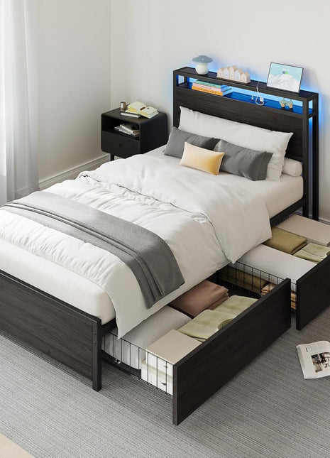 Twin XL Bed Frame with DIY Storage Drawer Configuration, Headboard Featuring 2-Tier Shelves, Charging Station, and LED Lighting, Ideal for Teen Rooms, Small Apartments, and Bedrooms, Black