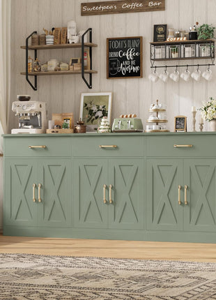 71" Large Farmhouse Sideboard Buffet Cabinet with Storage, Featuring 3 Drawers, Ideal for Kitchen and Dining Room Use, Green Finish