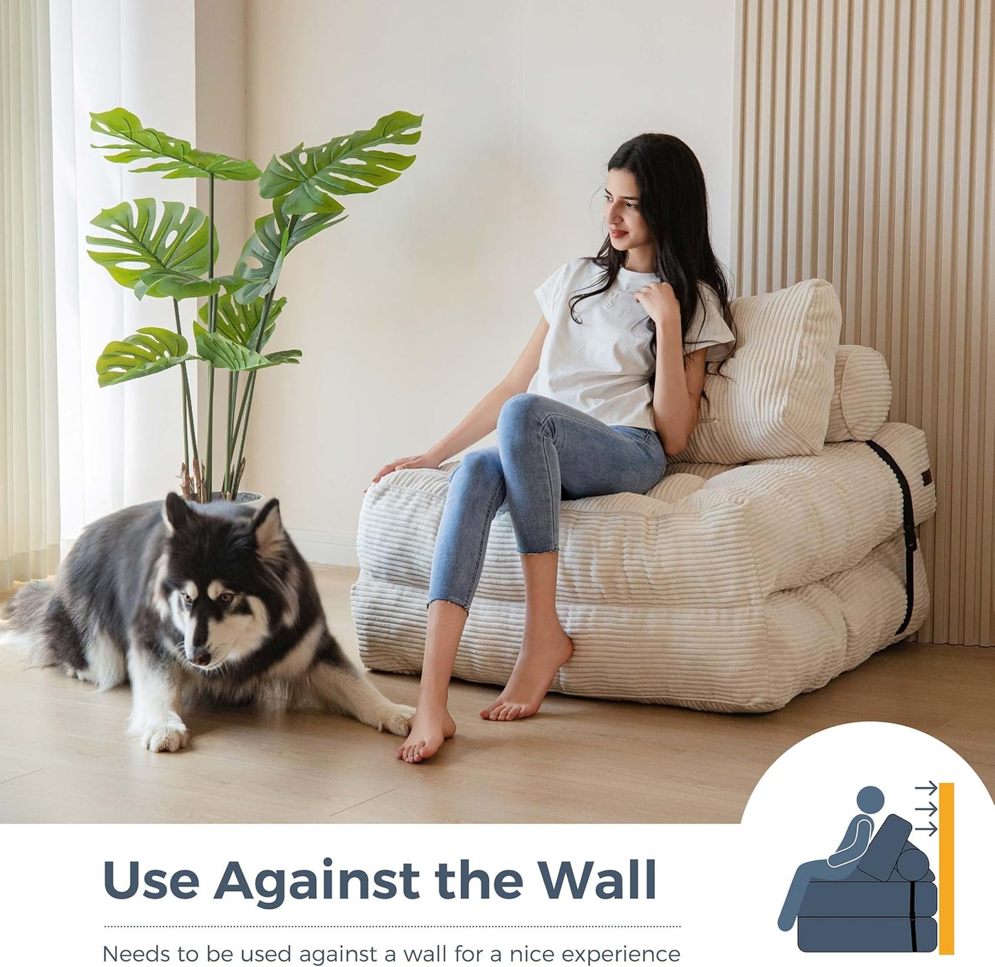 Folding Sofa Bed, Convertible Sleeper Chair with Pillow Foldable Mattress with Back Support, Portable Fold Out Chair Bed Comfy Floor Sofa Lounge for Living Room Bedroom, Beige, Single