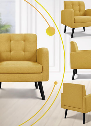 Set of 2 Mid-Century Modern Upholstered Accent Chairs with Button Tufted Back and Wooden Legs for Living Room, Bedroom, Office, or Cafe - Yellow
