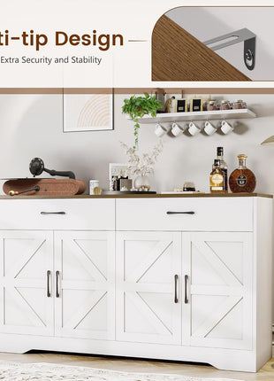 Modern 55.1-Inch Sideboard Buffet Cabinet with Storage, Drawers, and Doors for Kitchen and Living Room, White Wood Farmhouse Coffee Bar Table