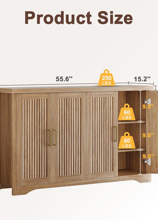 Contemporary Fluted Buffet Cabinet with Storage, 4-Door Accent Sideboard and Adjustable Shelves, Wood Console Table for Dining Room, Kitchen, Living Room, and Entryway in Natural Oak