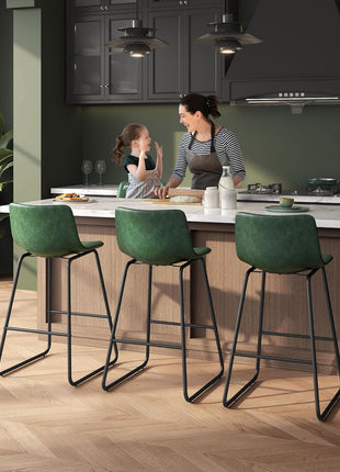 Set of 3 Contemporary 26-Inch Counter Height Bar Stools with Backrest, Faux Leather Upholstery, Metal Legs and Footrest, Perfect for Kitchen Islands (Green)