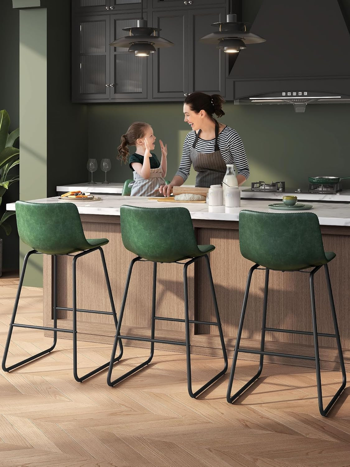 Bar Stools Set of 3, 26 Inches Counter Height Bar Stools with Back, Modern Faux Leather Barstools with Metal Legs and Footrest, Bar Chairs for Kitchens Island (Green)