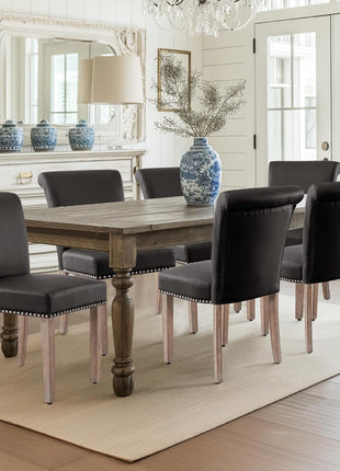 Set of 4 Mid-Century Modern Grey Faux Leather Dining Chairs with Nailhead Trim and Wooden Legs