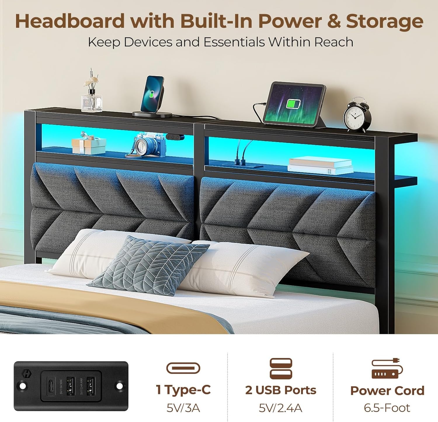 Bed Frame Full Size with Charging Station, LED Bed with Upholstered Storage Headboard, Metal Platform Bed with under Bed Storage, No Box Spring Needed, Noise Free, Easy Assembly, Grey