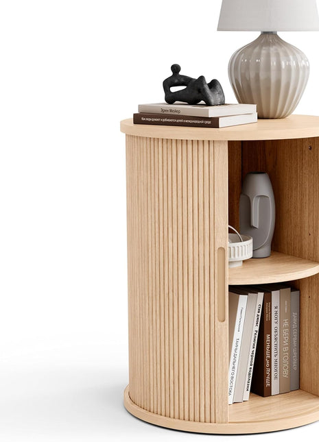 Round Fluted End Table with Sliding Tambour Door and Storage Shelf, Modern Mid-Century Nightstand in Oak Finish for Living Room and Bedroom