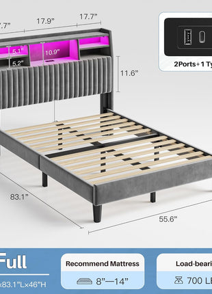 Full-Size Bed Frame with Vertical Channel Tufted Headboard, Integrated Storage Shelves, Velvet Upholstery, Charging Station, LED Lighting, Wooden Slats, and Noise-Free Design in Grey