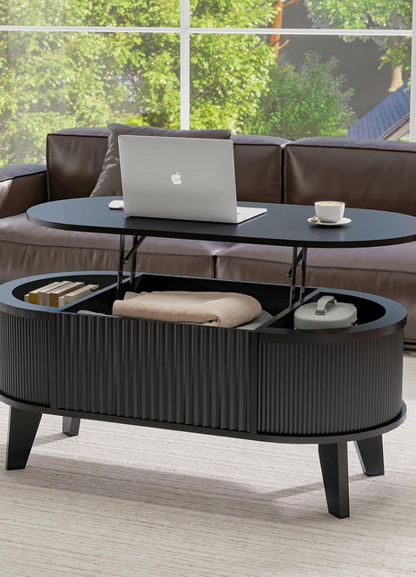 Contemporary Oval Fluted Lift-Top Coffee Table with Storage for Living Room or Home Office in Black