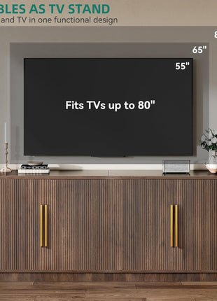 70-Inch Entertainment Center for TVs up to 80 Inches, Media Console with Four Fluted Doors and Generous Storage in Natural Oak Finish