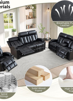 Premium PU Leather Manual Recliner Chair for Adults with Cup Holders and Padded Backrest, Overstuffed Heavy Duty Reclining Sofa for Living Room and Bedroom, Black