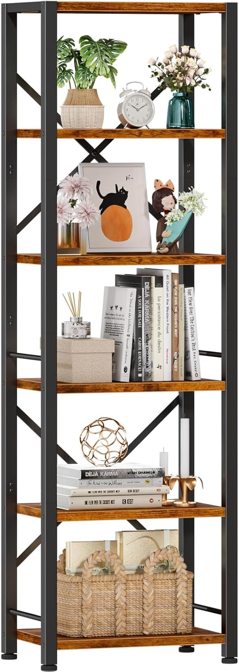 6 Tier Tall Bookshelf, Industrial Narrow Bookcase, Display Standing Shelf Units, Metal and Wood Storage Rack Organizer for Living Room, Home Office, Entryway, Kitchen, Rustic Brown