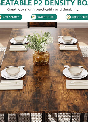 6-Piece Rustic Brown Dining Set for 6-8, 63-Inch Rectangular Kitchen Table with 4 Chairs and 2 Benches, Space-Saving Farmhouse Design for Apartments