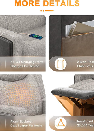 Sophisticated Manual Recliner Sectional Sofa Featuring Flip Middle Backrest, USB Ports, and Cup Holders in Grey Linen & Chocolate Leather Finish, Seats Up to 5 Individuals