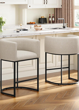 Set of 4 Contemporary 26" Counter Height Bar Stools with Backrest and Armrests, Upholstered in Linen Fabric for Kitchen Island, Supports Up to 450 lbs (Beige)