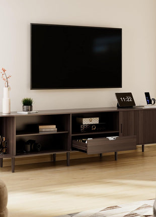 86.6-Inch Mid-Century Modern Fluted TV Stand with Power Outlet for TVs up to 90", Adjustable Shelves, and Sliding Door in Dark Walnut Finish