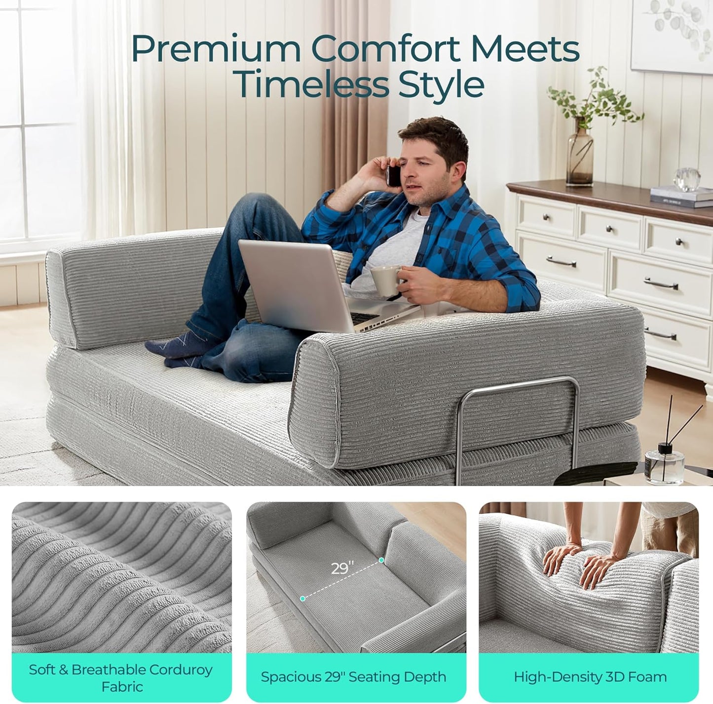 79'' Convertible Sofa Bed - Sleeper Sofa Compression Folding Loveseat Sleeper - Foldable Corduroy Couch Bed for Living Room Bedroom - Modular Sectional Compressed Sofa in Box, Grey