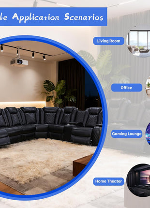 Elegant Power Recliner Sofa Set for Living Room and Home Theater, Leather Sectional with LED Lighting, Cup Holders, and Storage Console in Black