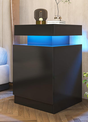 Set of 2 Black Nightstands with LED Lighting and Storage Cabinet for Bedroom