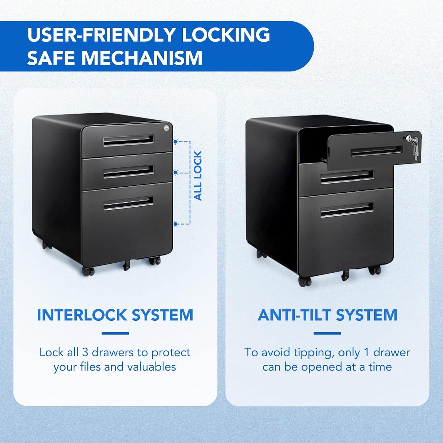 3 Drawer File Cabinet, Mobile Metal Filing Cabinet with Lock,Legal/Letter File Organizer with Wheels for Home Office, Pre-Assembled, round Corner Design, Black