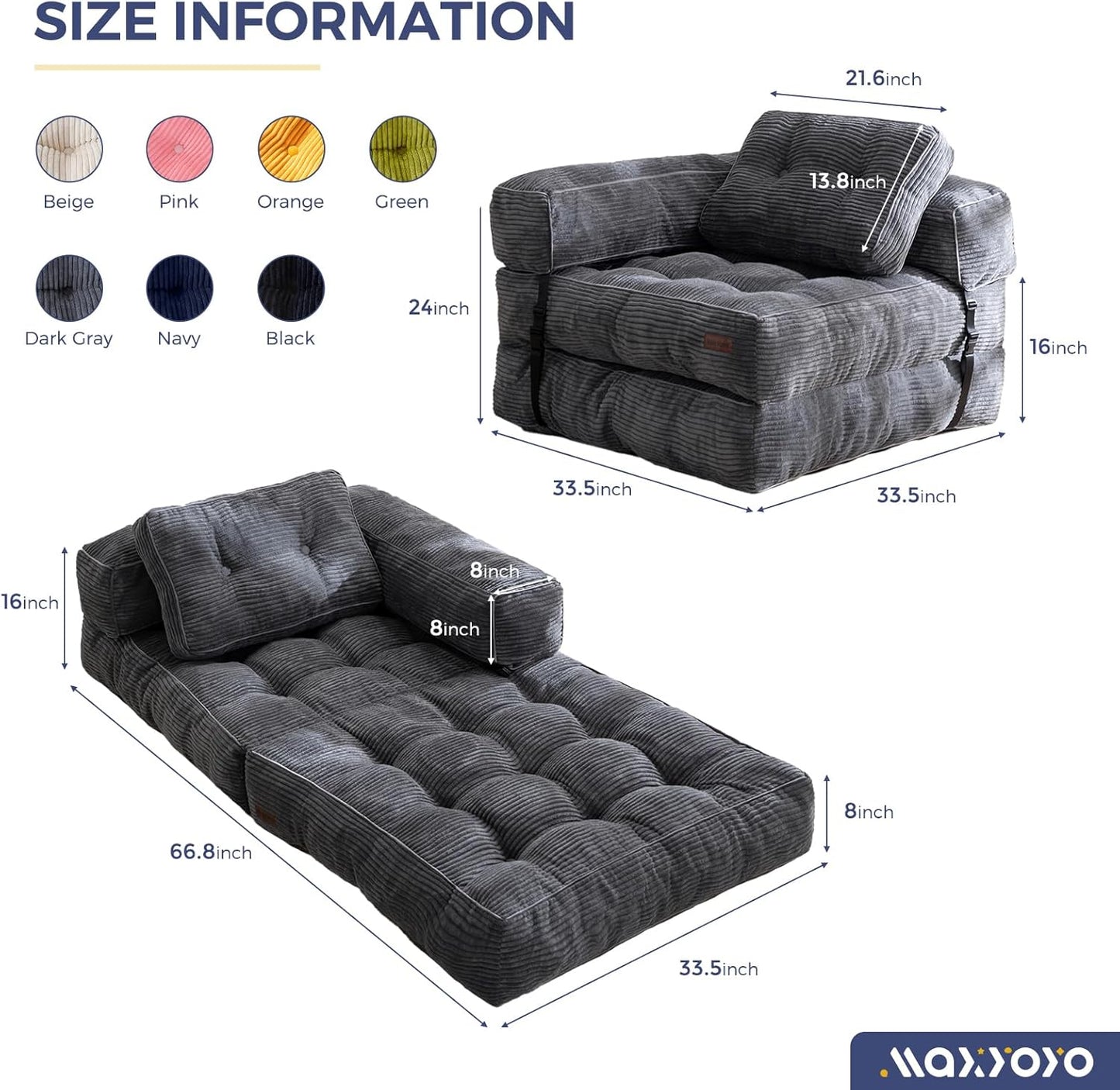 Folding Sofa Bed, L-Shaped Convertible Sofa Bed with Armrest Foldable Sleeper Sofa with Pillow, Portable Fold Out Chair Bed Comfy Floor Lounge for Living Room Bedroom, Dark Grey