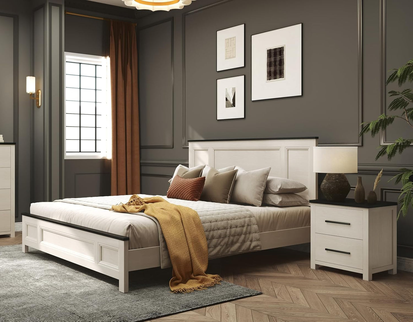 Realynn 5-Piece Wood Bedroom Set, King Size Panel Bed with Dresser, Mirror, and 2 Nightstands, Off-White Finish