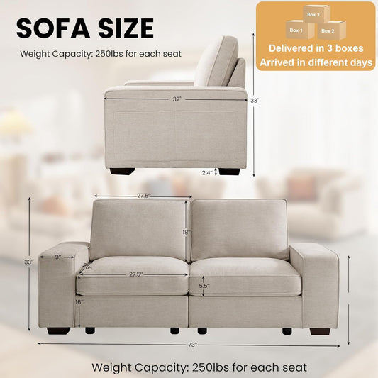 73" Modular Sofa Couch with Seat Storage, Modern 2-Seater Chenille Fabric Loveseat Sofa for Living Room, Office, Apartment with Deep Seat, Wide Armrest, USB Port, Side Pockets, Removablecover