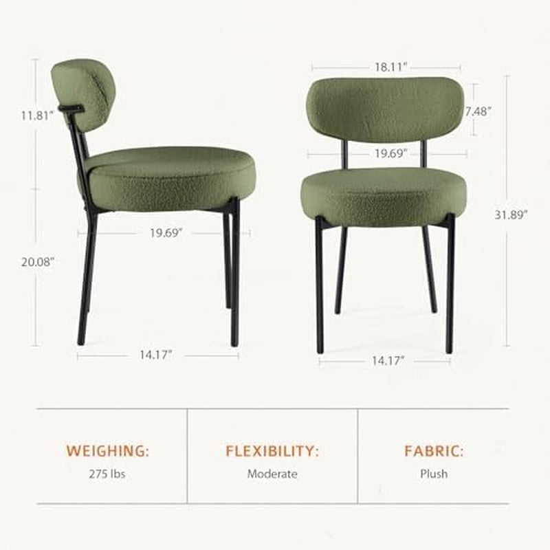 Dining Chairs Set of 4, Mid Century Modern Chair round Upholstered Curved Backrest, Kitchen Vanity Living Room Chairs with Black Metal Legs, Green