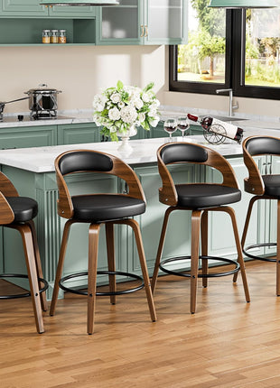 Set of 3 Counter Height Swivel Bar Stools, 26" with Bentwood Legs and Back, Mid-Century Modern Faux Leather Upholstery for Kitchen Island, Black