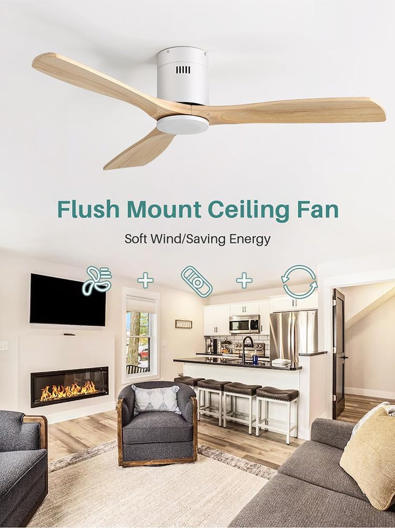 52 Inch Solid Wood Ceiling Fan without Lights Flush Mount Ceiling Fans with Remote Control-Wood Blades Modern Outdoor Ceiling Fan No Light for Bedroom/Farmhouse/Patio/Indoor,Natural Wood White