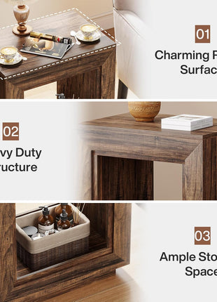Rustic Wood End Table with Storage Shelf - 2-Tier Square Side Table for Living Room and Entryway (Rustic Brown)