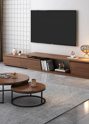 Extendable Walnut TV Stand with Three Drawers - Minimalist Rectangle Entertainment Center for TVs up to 110 inches