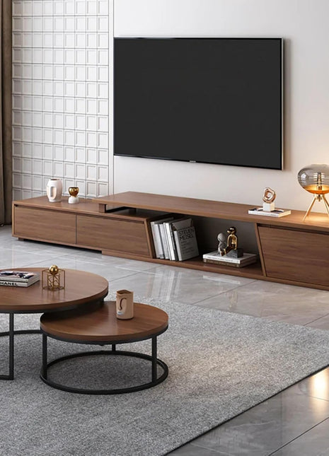 Extendable Walnut TV Stand with Three Drawers - Minimalist Rectangle Entertainment Center for TVs up to 110 inches