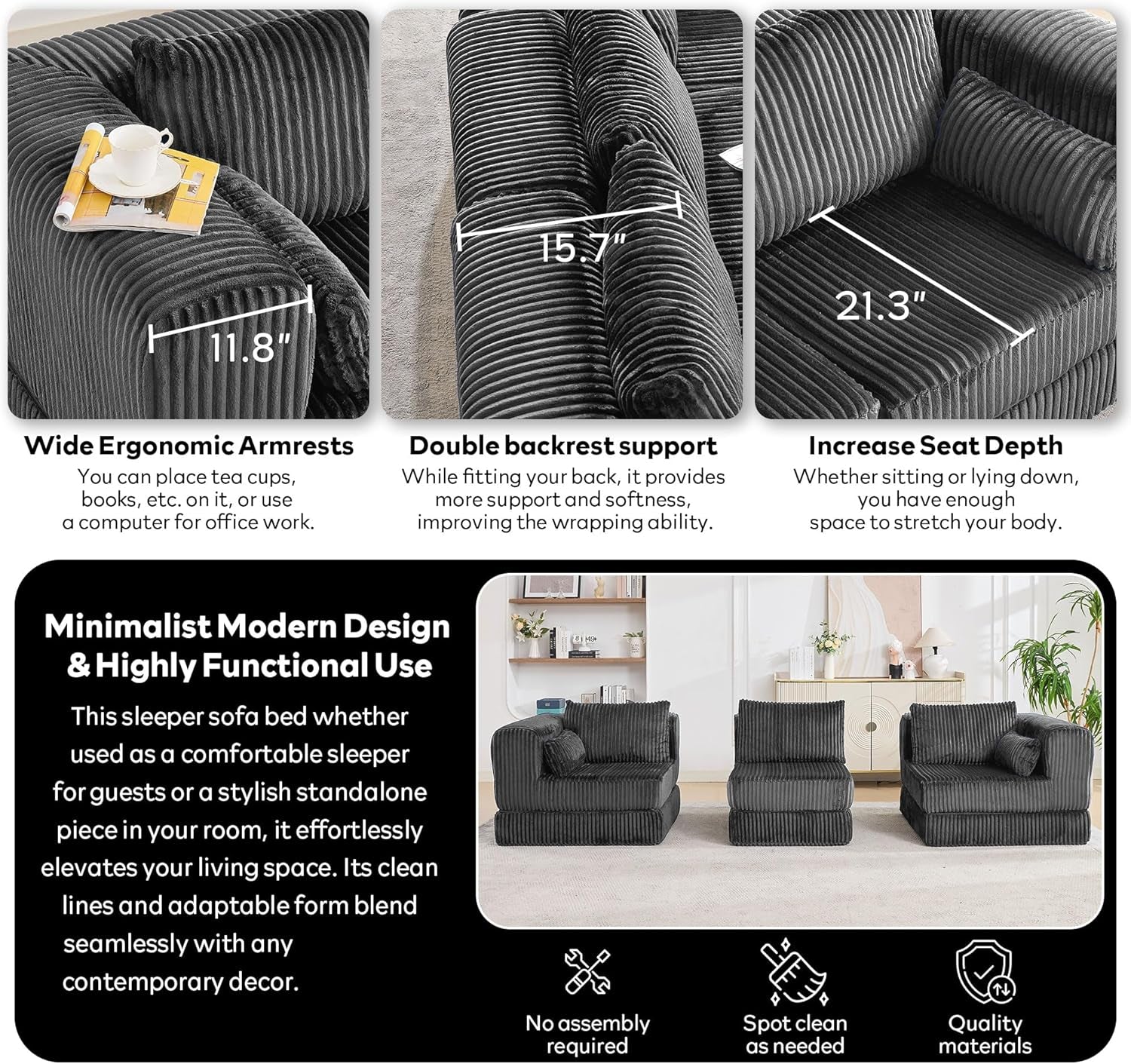 79" Corduroy Folding Convertible Sleeper Sofa Bed Queen, Grey Pull Out Floor Modular Couch with Pillow, Memory Foam Boneless Couchs Sectional for Living Room Bedroom (2, Grey)