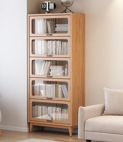 Solid Wood Book Case 5 Tier Bookcase with Tempered Clear Glass Flip-Up Doors Bookshelves Brown Natural Wood Bookshelf Versatile Pantry Cabinet with Storage Home Office (Log Color D14Xw32Xh72 Inch)