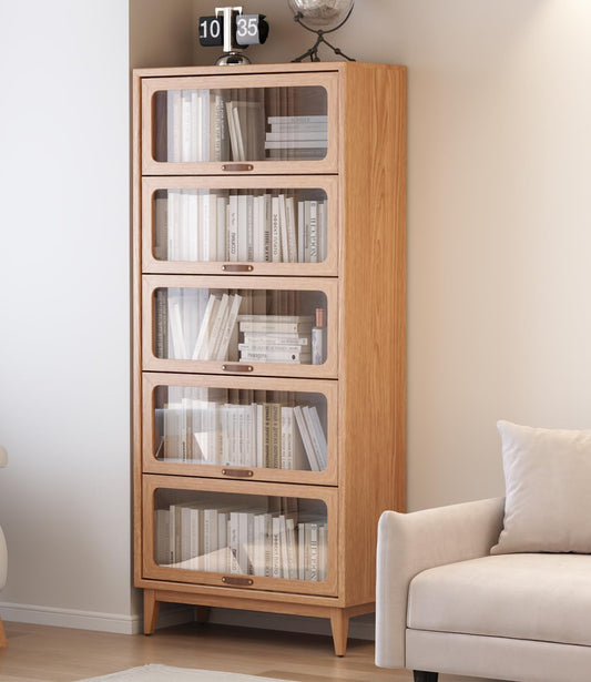 Solid Wood Book Case 5 Tier Bookcase with Tempered Clear Glass Flip-Up Doors Bookshelves Brown Natural Wood Bookshelf Versatile Pantry Cabinet with Storage Home Office (Log Color D14Xw32Xh72 Inch)