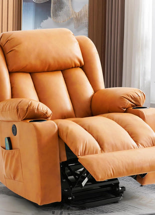 Premium Electric Power Lift Recliner Chair for Seniors with Massage and Heat Features, Includes Cup Holders, Remote Control, USB Ports, Side Pockets, Leather Finish (Cream)