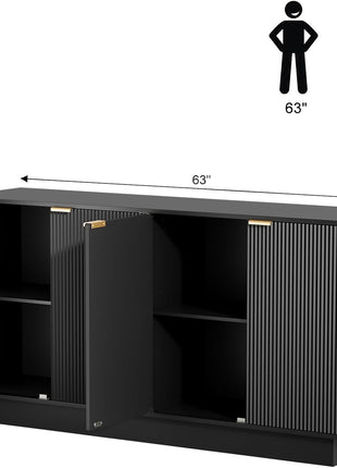 63-Inch Modern Fluted Sideboard Buffet Cabinet with Adjustable Shelves, Console Table Wine Bar Accent Credenza Featuring 4 Doors for Dining Room, Living Room, and Hallway (Black)