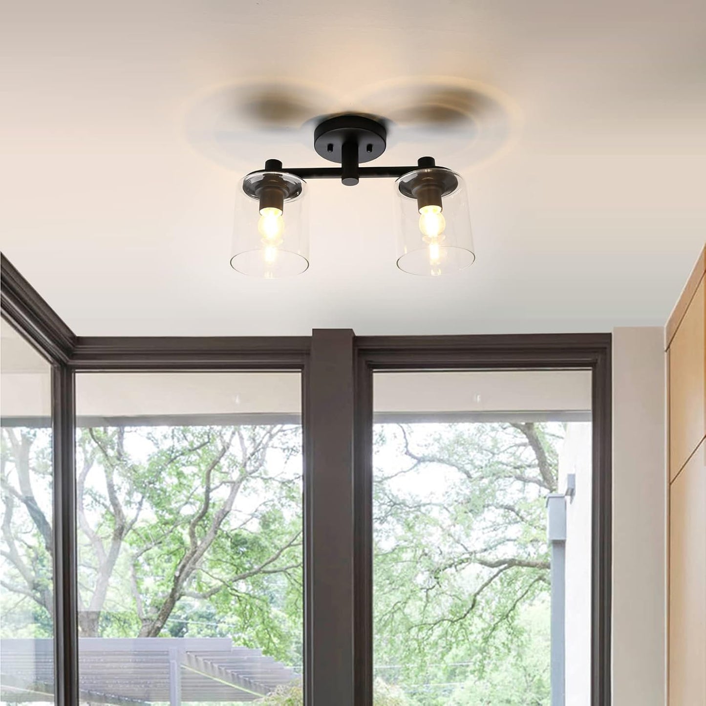 2-Light Semi Flush Mount Ceiling Light, Industrial Pendant Lighting Fixture with Glass Shade, Ceiling Chandelier Lamp for Hallway Loft Kitchen Bar