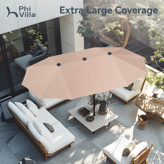 13Ft Large Patio Umbrella Double-Sided Twin Outdoor Market Umbrella with Crank, Beige