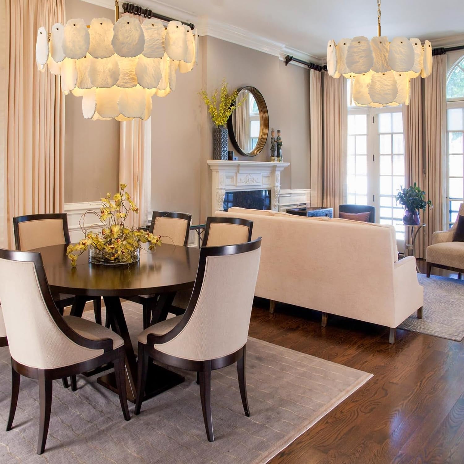 Alabaster Chandelier, D32In Modern Marble Dining Room Chandeliers, 3-Tiers Natural Brass round Chandelier over Table for Living Room, Dining Room, Bedroom, Bathroom, Foye, Entryway, Kitchen